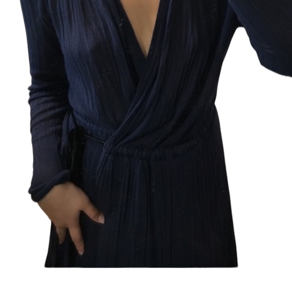 Zara Long sleeve knit wrap dress navy with black trim/tie waist maxi size small - Picture 6 of 7